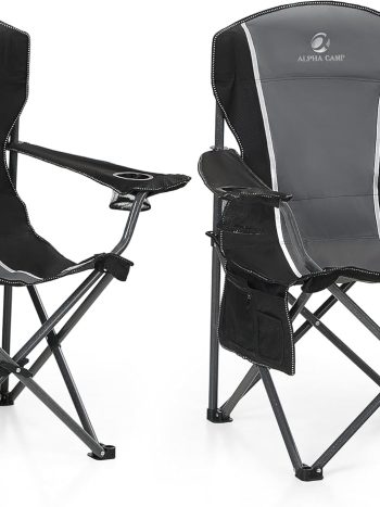 ALPHA CAMP Oversized Camping Folding Chair - Heavy Duty Steel Frame Support 350 LBS, Collapsible Padded Arm With Cup Holder, Quad Lumbar Back, Portable for Outdoor/Indoor