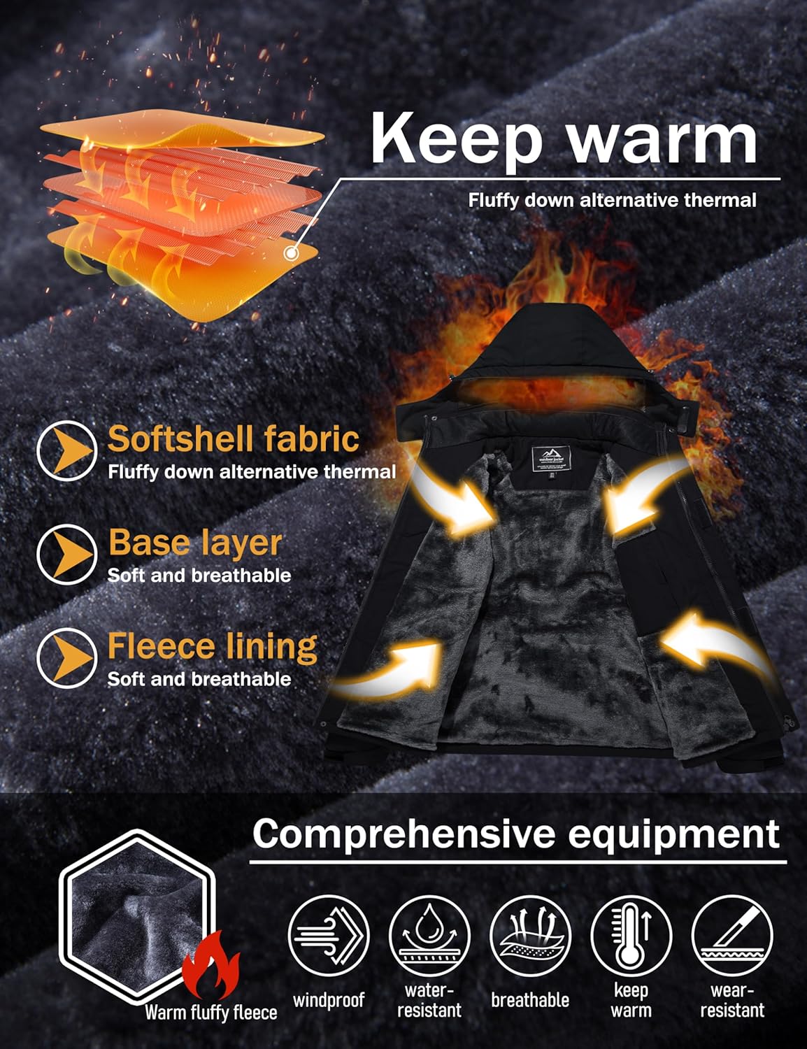 Men's Winter Coats Water Resistant Ski Snow Jacket Warm Fleece Jacket Parka Raincoats With Multi-Pockets - Image 3