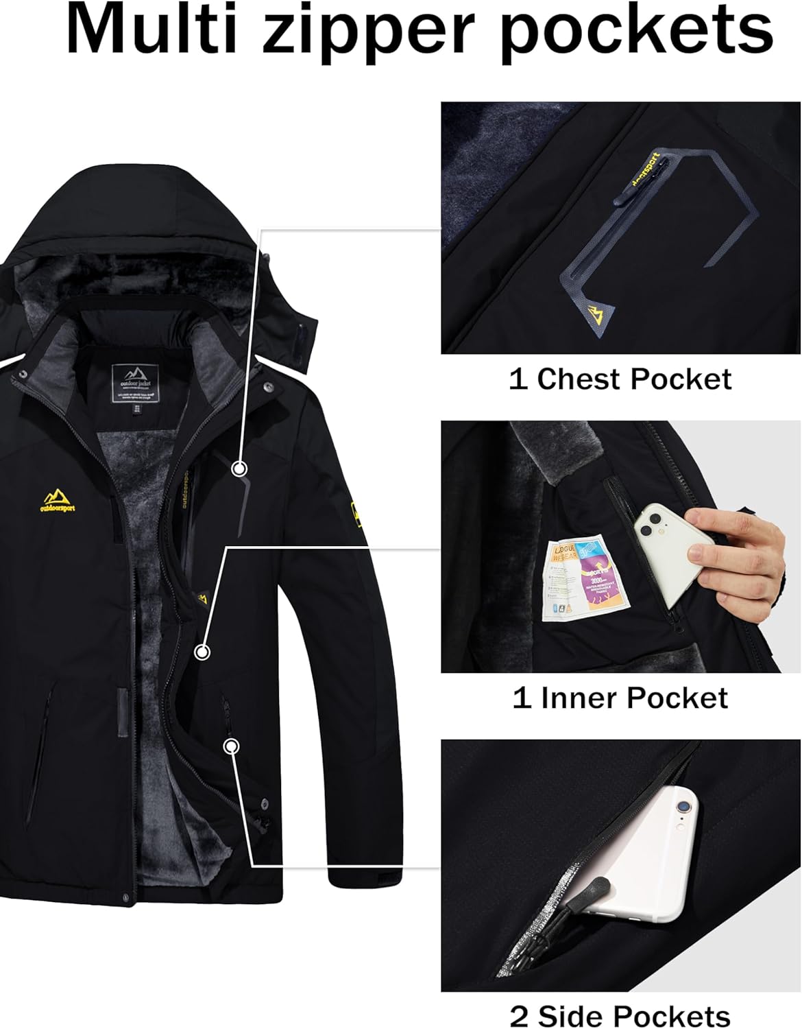Men's Winter Coats Water Resistant Ski Snow Jacket Warm Fleece Jacket Parka Raincoats With Multi-Pockets - Image 5
